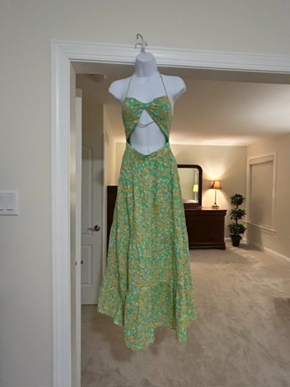 SABO Green & Yellow Floral Cutout Maxi Dress XS | Open Back Halter Dress